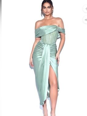 Miss Circle Stella Basil Off Shoulder Crystal Corset Satin Gown
